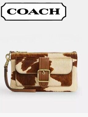 COACH Large Cow Print Buckle Flap Detail Wristlet, Haircalf W/Gold Hardware, NEW